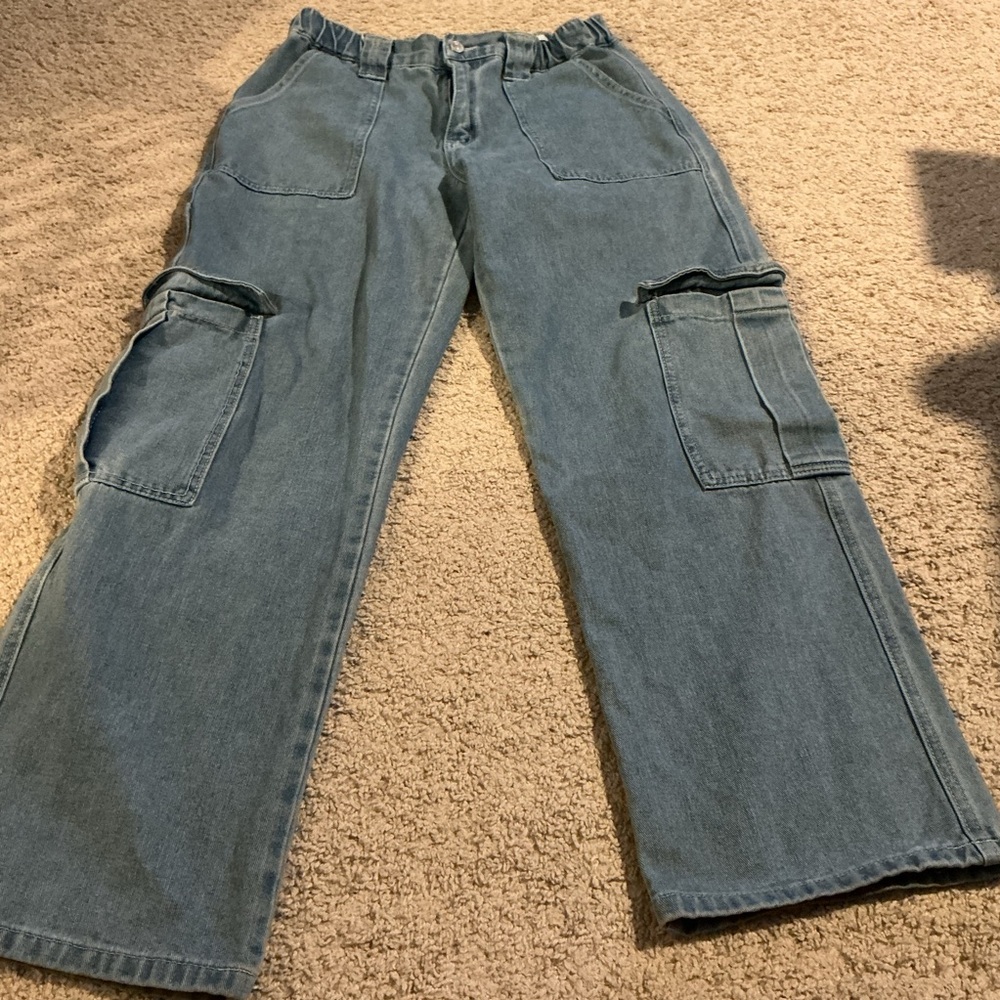 Forever 21 Wide Leg Cargo Jeans Light Wash Y2K Streetwear M Baggy Grunge Skater